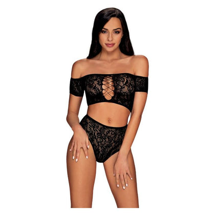 Introducing the Sensual Pleasure Delight Inessita 2 Pc Set - Seductively Translucent Black Knitted Lingerie for Women - Adult Naughty Store