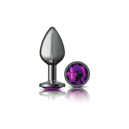 Introducing the LusterLux Sensual Pleasures Collection: Cheeky Charms Gunmetal Round Butt Plug - Medium, Purple Jewel - Adult Naughty Store