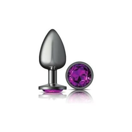 Introducing the Exquisite Pleasures Collection: Sensual Charms Gunmetal Round Butt Plug CC-101 - Unisex Anal Toy for Intense Pleasure - Purple Jewel - Adult Naughty Store