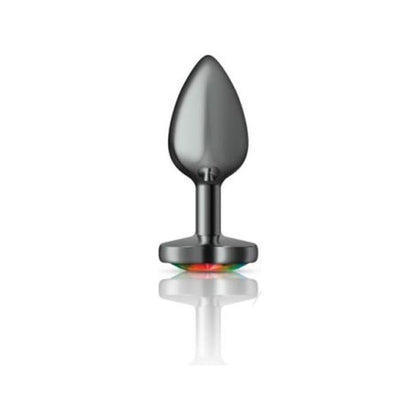 Introducing the Exquisite Pleasures Collection: Cheeky Charms Gunmetal Butt Plug - Model CC-101, Small, All Genders, Heart Rainbow Jewel, Teardrop Shape - Adult Naughty Store