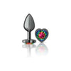 Introducing the Exquisite Pleasures Collection: Cheeky Charms Gunmetal Butt Plug - Model CC-101, Small, All Genders, Heart Rainbow Jewel, Teardrop Shape - Adult Naughty Store