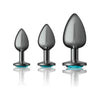 Cheeky Charms Sensational Metal Butt Plug Kit - Model CC-3PBTG - Unleash Your Pleasure in Gunmetal Grey with Teal Jewel - Adult Naughty Store