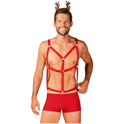 Introducing the Sensual Pleasure Co. Mr. Reindy 3 Pc Set: Red Harness, Boxer Shorts, and Reindeer Ears - The Ultimate Playful and Tempting Bedroom Adventure for Couples