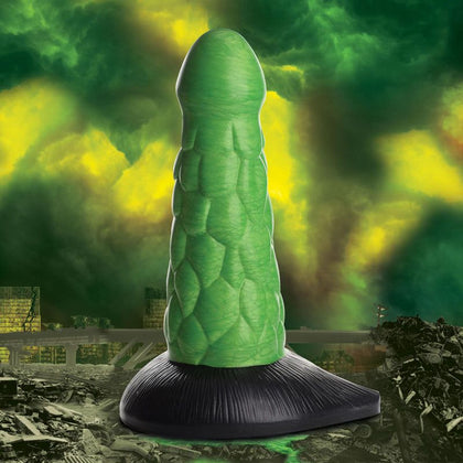 Introducing the Exquisite PleasureCo Creature Cocks Radioactive Reptile Thick Scaly Silicone Dildo - Model RRD-001 - Unisex - Deep Penetration - Metallic Green - Adult Naughty Store