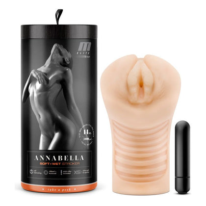 M Elite Soft and Wet - Annabella Self-Lubricating Ribbed Textured Canal Vibrating Masturbator for Men - Vanilla - Adult Naughty Store