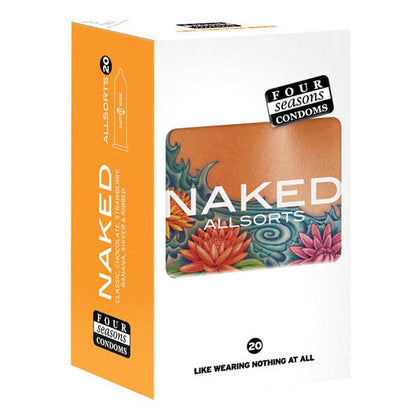Four Seasons Naked Allsorts Ultra-Thin Condoms | Variety Pack of Sheer Condoms for Enhanced Sensitivity and Pleasure | For Men and Women | Classic, Ribbed, Shiver, Banana, Strawberry, and Chocolate Flavors | 54mm Nominal Width