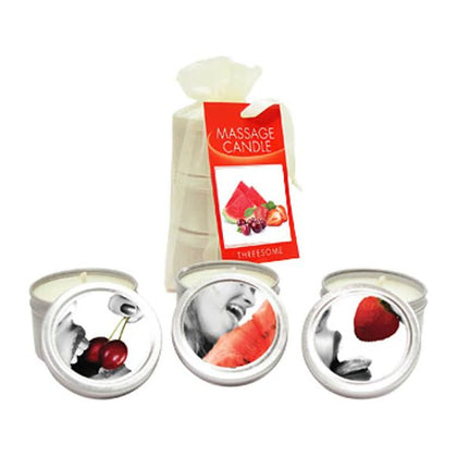 Introducing the Sensual Pleasures Edible Massage Candle Threesome: Watermelon, Cherry, and Strawberry Flavours - Adult Naughty Store