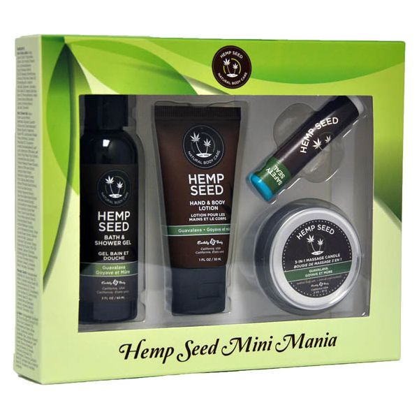 Hemp Seed Mini Mania Travel Set - Bath & Shower Gel, Hand & Body Lotion, 3-in-1 Massage Candle, Lip Balm Stick - Guavalava/Skinny Dip Scents