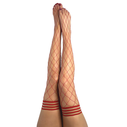 Kixies CLAUDIA Model A Red Fishnet Thigh-Highs: Sensual Thigh-High Stockings for Women - Red Fishnet with Large Diamond Pattern