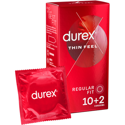 Durex Thin Feel Latex Condoms 10's + 2 Free - Ultra Thin, Comfortable, and Secure Protection for Enhanced Sensitivity - Transparent, Teat-Ended, Dermatologically Tested - Pack of 12