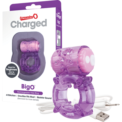 Introducing the Charged™ BigO® Rechargeable Vibrating Cock Ring - Model B-1000: Ultimate Pleasure for Couples in Luxurious Purple