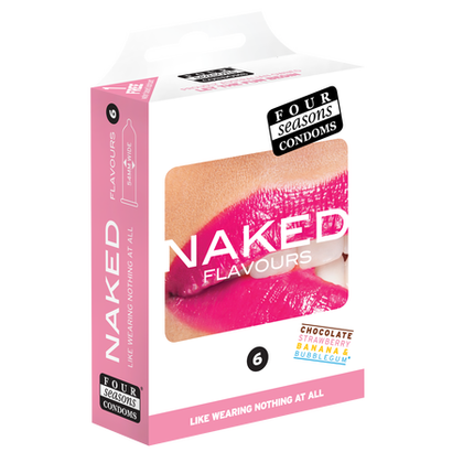 Four Seasons Naked Flavours 6's Latex Condoms - Sensational Pleasure for Both Genders - Chocolate, Strawberry, Banana, and Blueberry Flavored Condoms