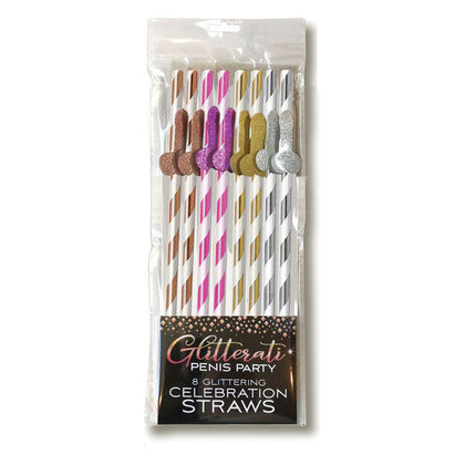 Elegant Pleasure - Glitterati Tall Straws Set of 8 - Metallic Paper Cocktail Straws with Glittery Penis Applique - Perfect for Hens and Anniversary Parties - Gold, Silver, Rose Gold, and Bron - Adult Naughty Store