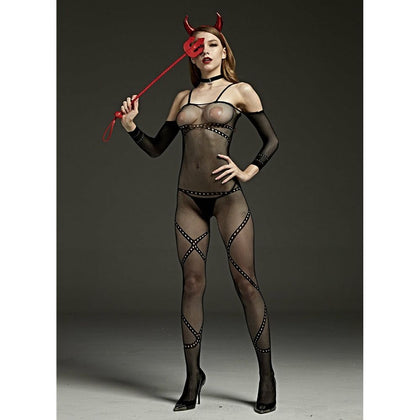 Love in Leather LIN7089 Fishnet Bodystocking with Spaghetti Straps, Off-the-Shoulder Long Sleeves, Criss-Cross Design - Crotchless, One Size Fits All, Black