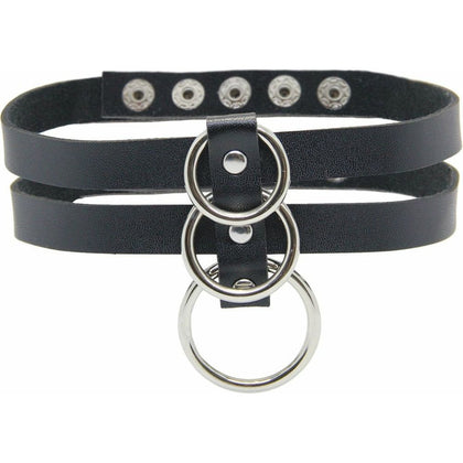 CHO004 Faux Leather Double Strap Choker with Triple O-Ring Detail - Adjustable Stud Closure - Vegan Friendly - Black