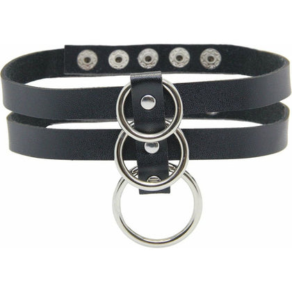 CHO004 Faux Leather Double Strap Choker with Triple O-Ring Detail - Adjustable Stud Closure - Vegan Friendly - Black - Adult Naughty Store