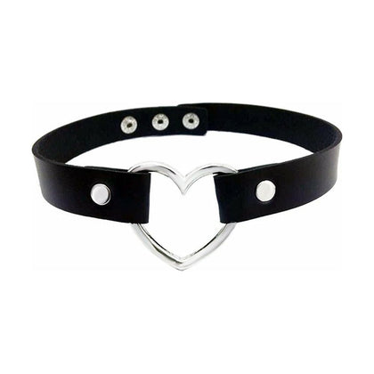 Choker Charm Black Faux Leather Heart Ring Vegan-Friendly Adjustable Stud Closure Necklace - CHO028BLK