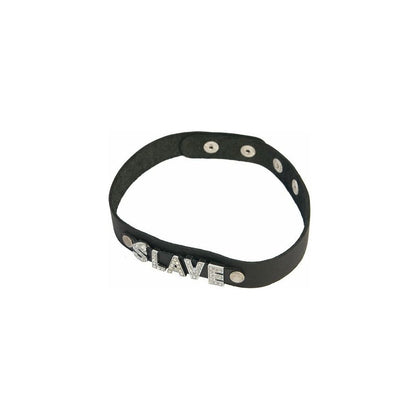 Elegant Affair Thin Black Leather Collar with Diamante Word 'SLAVE' - Model COL010B - Unisex - BDSM - Neck Restraint - Black