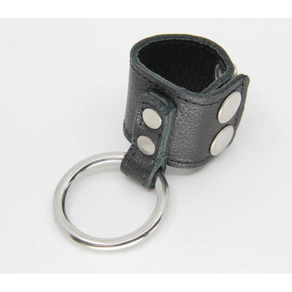 RIN005 Stainless Steel Cock Ring with Leather Ball Stretcher - Double Stud Adjustable - Men's Pleasure Toy - Black - Adult Naughty Store