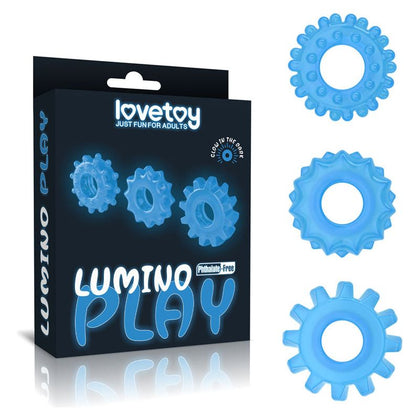 Lumino Play Glow-in-the-Dark Penis Rings 3 Pack - Enhance Your Pleasure with Vibrant Blue Light - Model LPG-3P - For All Genders - Cock, Balls, or Both - Phthalate-Free - Latex-Free - Body-Safe TPE - Blue Color