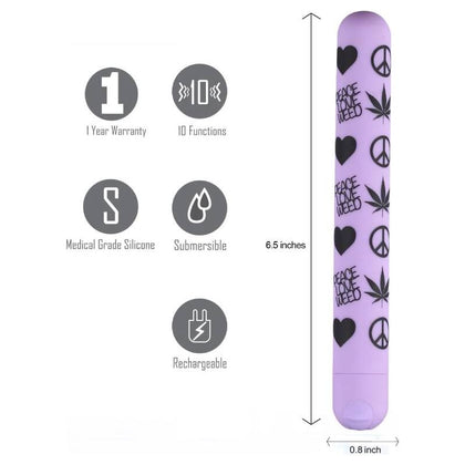 Maia Novelties Unity 10-Function Rechargeable Bullet Vibrator - Model U10 - For All Genders - Intense Pleasure - Violet with Peace, Love Weed Print