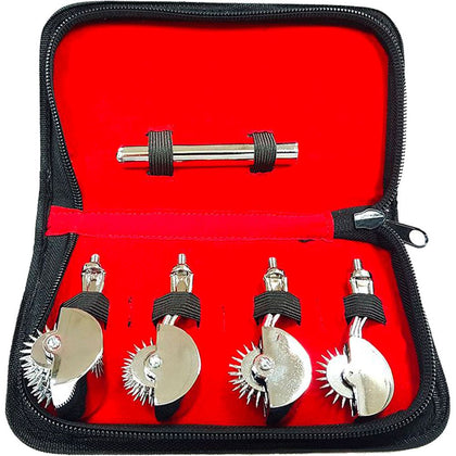 Introducing the SensaSteel Deluxe Pinwheel Set - Model X1: The Ultimate Sensory Stimulation and Pleasure Play Device for All Genders - Stainless Steel - Multiple Spinning Heads - Complete with Zipper Pouch