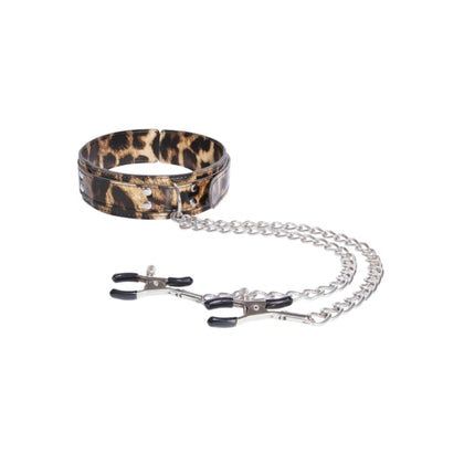 Fetish Leopard Frenzy Collar and Leash with Nipple Clamps - Model FLC-NC001 - Unisex - Neck & Nipple Stimulation - Leopard Print