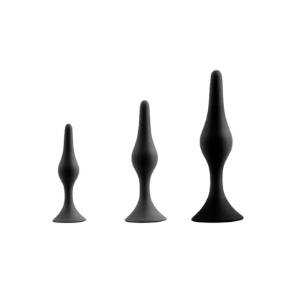 Introducing the LuxeVibe Back Up 3 in 1 Smooth Butt Plug Kit - Model B3S, a Unisex Anal Pleasure Toy Set in sleek Black.