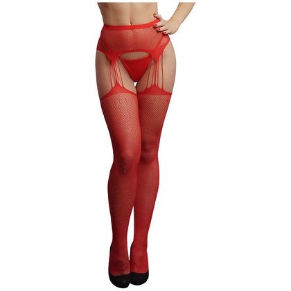 Le Desir Rhinestone Suspender Pantyhose - Model RD-OS, Women's Fishnet Hosiery for Sensual Seduction - Red