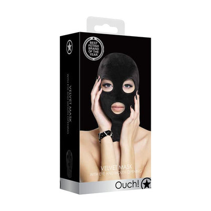 Ouch! Velvet & Velcro Fetish Hood Mask with Eye and Mouth Opening - Model VVH-2021 - Unisex, for Sensual Play and BDSM - Black
