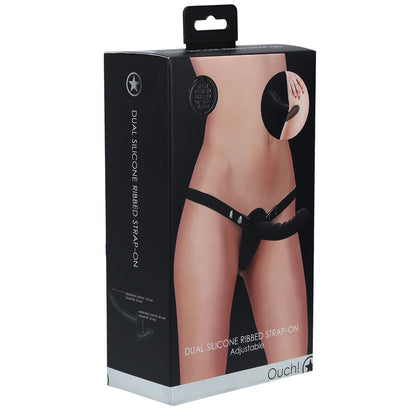 Introducing the Luxe Pleasure OUCH! DSD-200 Dual Silicone Ribbed Strap-On - Black for Couples: Dual Satisfaction in Black. - Adult Naughty Store