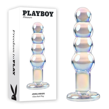 Introducing the Playboy Pleasure Jewels Beads 12 cm Clear Glass Anal Beads - Model Name: Rabbit Head Design - For All Genders - Anal Play - Crystal Iridescent