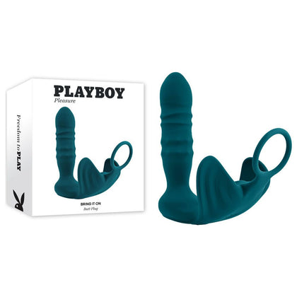 Introducing the Playboy Pleasure BRING IT ON Teal USB Rechargeable Thrusting Anal Plug with Cock Ring. Unleash Sensual Delight with Model No. BT3065, a premium anal pleasure device designed for adventurous individuals seeking heightened intimacy.