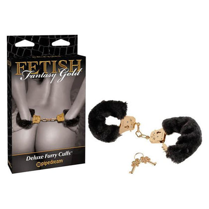 Fetish Fantasy Gold Deluxe Furry Cuffs - Luxurious Gold Metal Restraints for Sensual Bondage Play - Model FG-DFC001 - Unisex - Comfortable Faux Fur Lining - Captivating Black - Adult Naughty Store