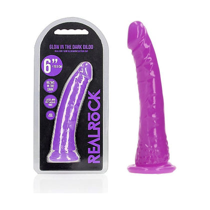 REALROCK 15.5 cm Slim Glow in the Dark Neon Purple Dildo - A Sensational Glow in the Dark Experience for All Genders and Pleasure Areas!