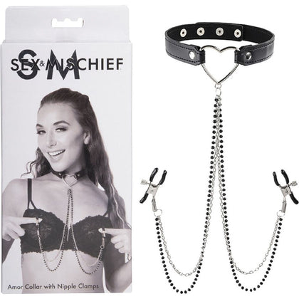 Sex & Mischief Amor Collar with Nipple Clamps - Adjustable Tension BDSM Nipple Play Toy for Couples - Model AMR-NC001 - Unisex - Enhances Nipple Stimulation - Black - Adult Naughty Store