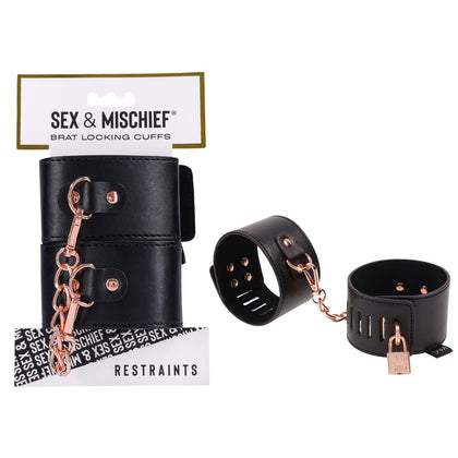 Introducing the Sex & Mischief Brat Locking Cuffs Model P173 - Unisex Restraint Toy for the Wrist in Black and Rose Gold - Adult Naughty Store