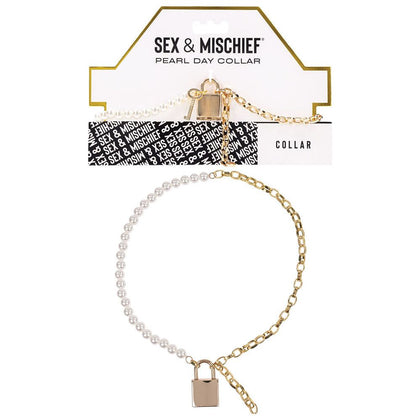 Sex & Mischief Pearl Day Collar - Elegant Faux Pearl and Gold Chain Lockable Submissive Necklace - Model X1 - Female - Neck and Wrist Restraint - White - Adult Naughty Store