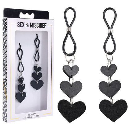 Sex & Mischief Heart Nipple Ties - Black Faux Leather Restraints - Model No. SMHNT001 - Unisex Erogenous Zone Pleasure Enhancer - Sensual Black - Adult Naughty Store